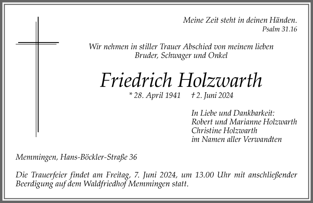 Traueranzeige von Friedrich Holzwarth von Memminger Zeitung