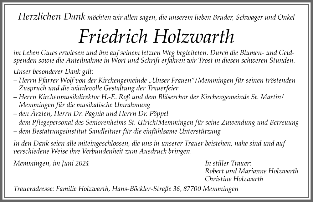 Traueranzeige von Friedrich Holzwarth von Memminger Zeitung