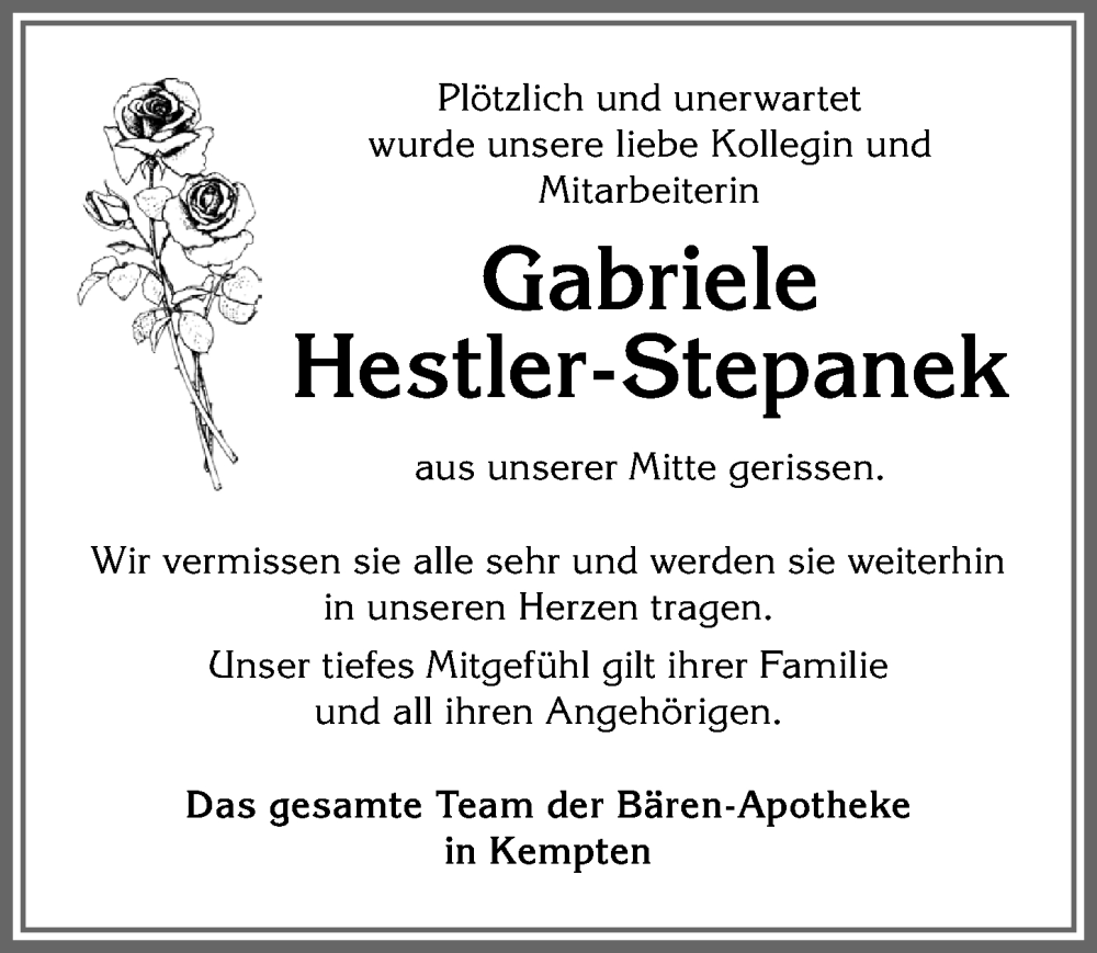 Traueranzeige von Gabriele Hestler-Stepanek von Allgäuer Zeitung,Kempten