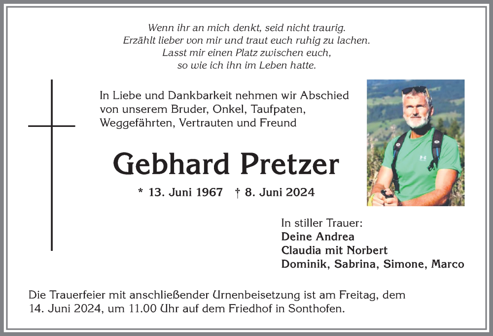 Traueranzeige von Gebhard Pretzer von Allgäuer Anzeigeblatt