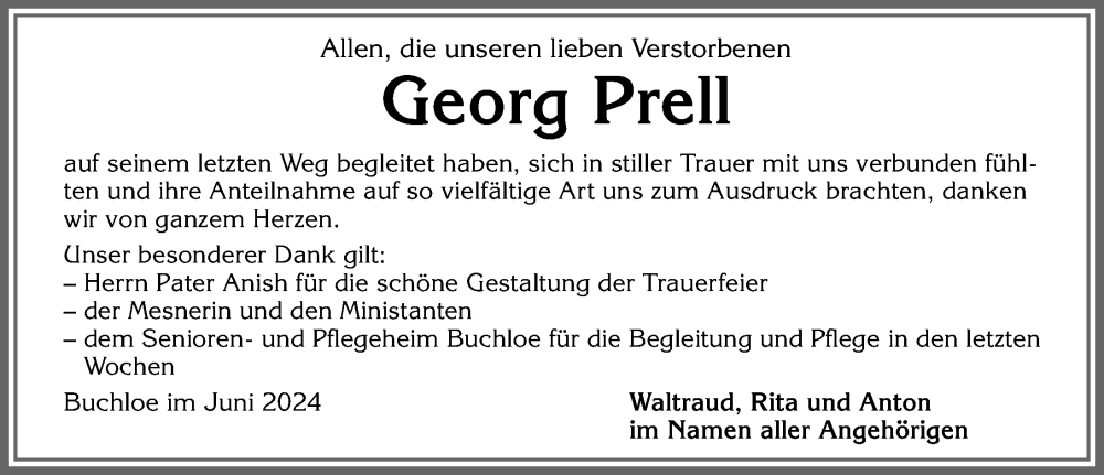 Traueranzeige von Georg Prell von Allgäuer Zeitung, Kaufbeuren/Buchloe