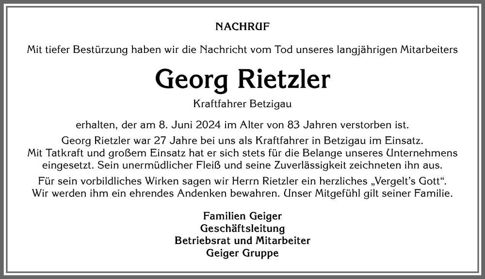 Traueranzeige von Georg Rietzler von Allgäuer Zeitung, Füssen