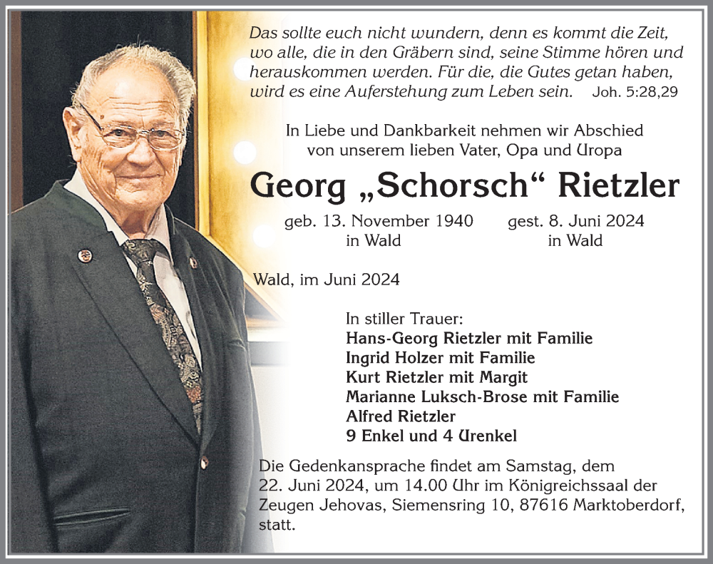 Traueranzeige von Georg Rietzler von Allgäuer Zeitung, Marktoberdorf