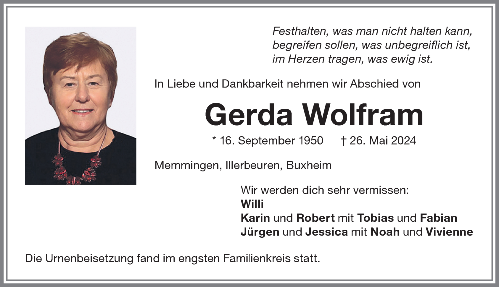 Traueranzeige von Gerda Wolfram von Memminger Zeitung