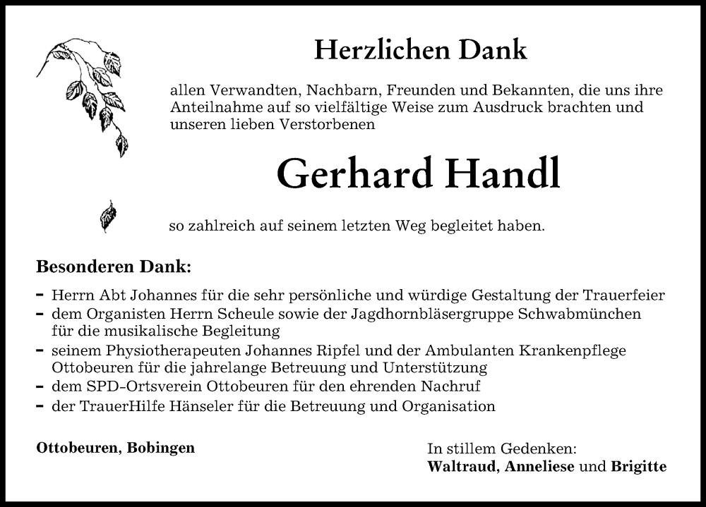 Traueranzeige von Gerhard Handl von Memminger Zeitung