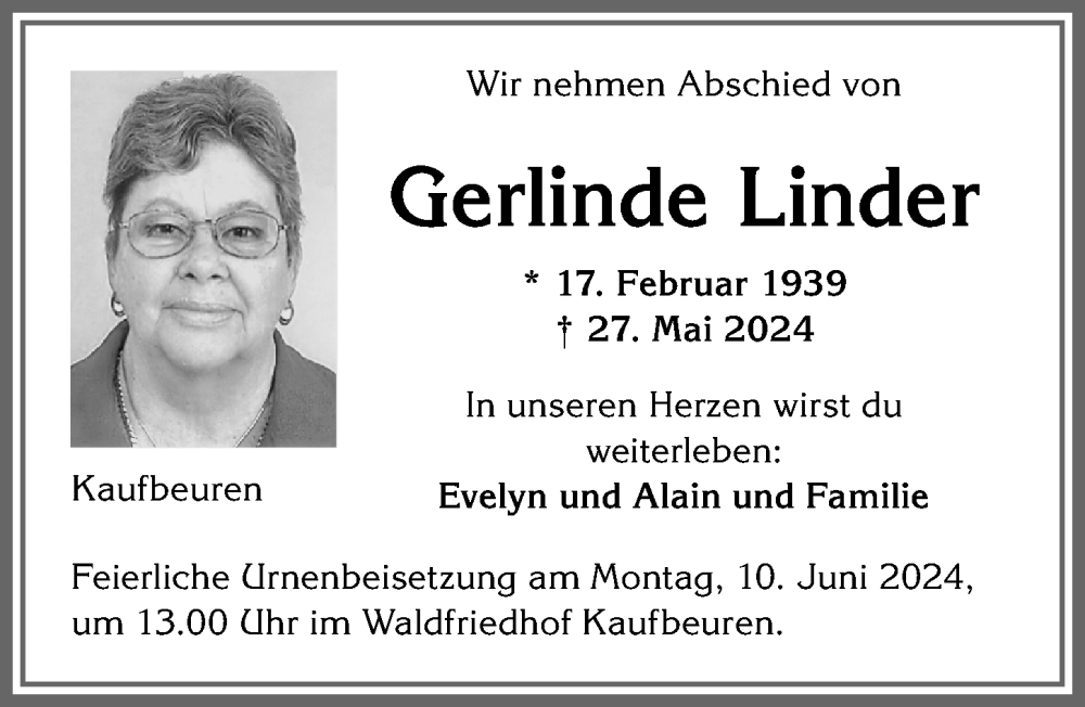 Traueranzeige von Gerlinde Linder von Allgäuer Zeitung, Kaufbeuren/Buchloe