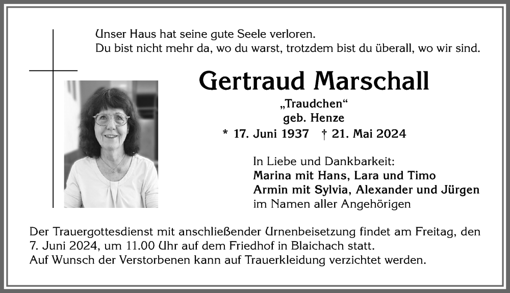 Traueranzeige von Gertraud Marschall von Allgäuer Anzeigeblatt