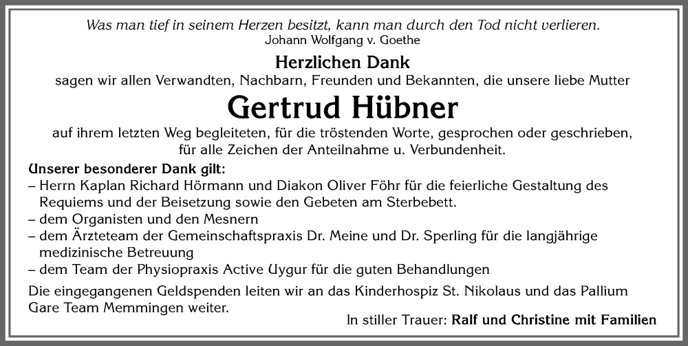 Traueranzeige von Gertrud Hübner von Memminger Zeitung