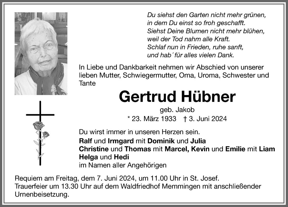 Traueranzeige von Gertrud Hübner von Memminger Zeitung