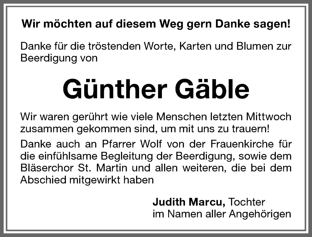 Traueranzeige von Günther Gäble von Memminger Zeitung