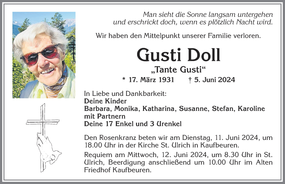 Traueranzeige von Gusti Doll von Allgäuer Zeitung, Kaufbeuren/Buchloe