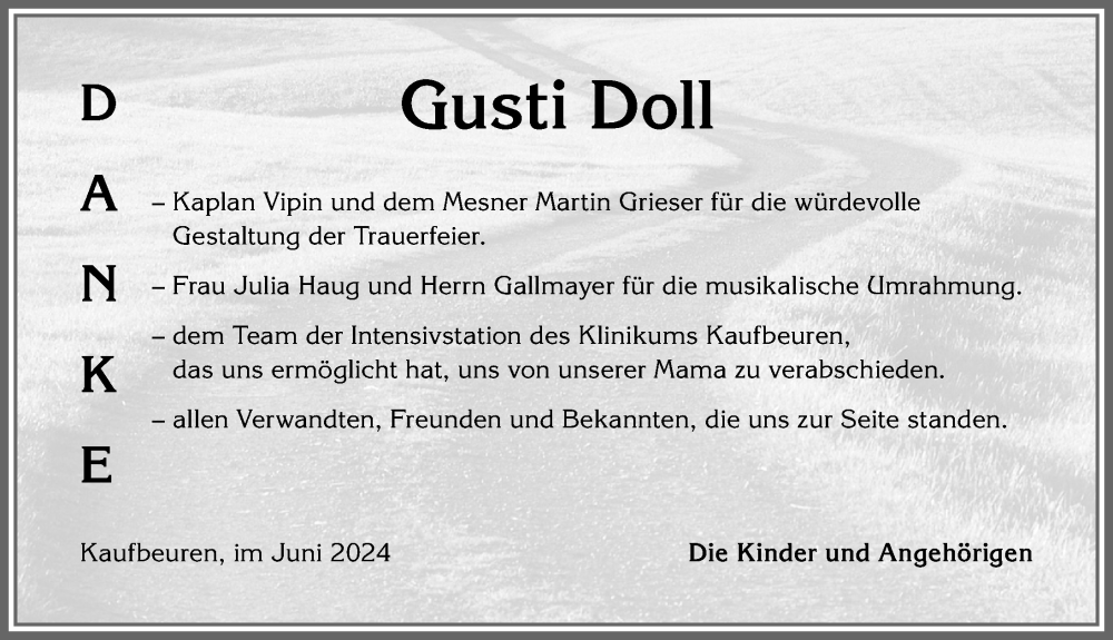 Traueranzeige von Gusti Doll von Allgäuer Zeitung, Kaufbeuren/Buchloe