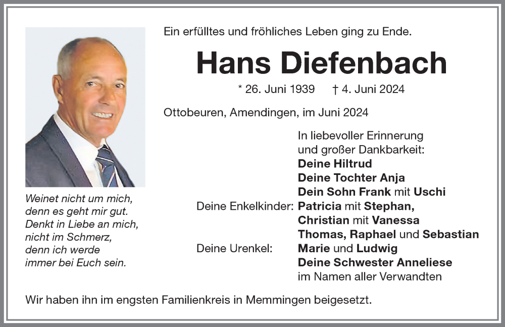 Traueranzeige von Hans Diefenbach von Memminger Zeitung