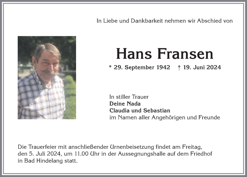 Traueranzeige von Hans Fransen von Allgäuer Anzeigeblatt