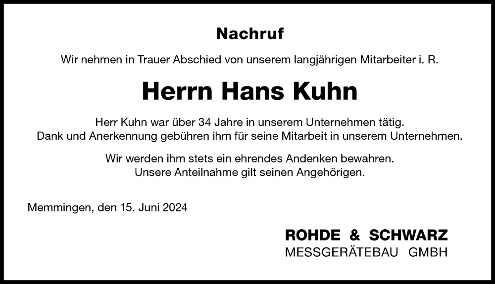 Traueranzeige von Hans Kuhn von Memminger Zeitung