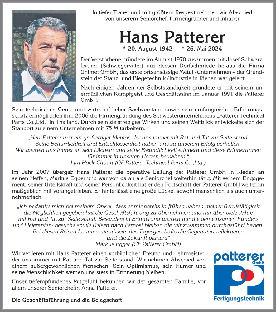 Traueranzeige von Hans Patterer von Allgäuer Zeitung, Füssen