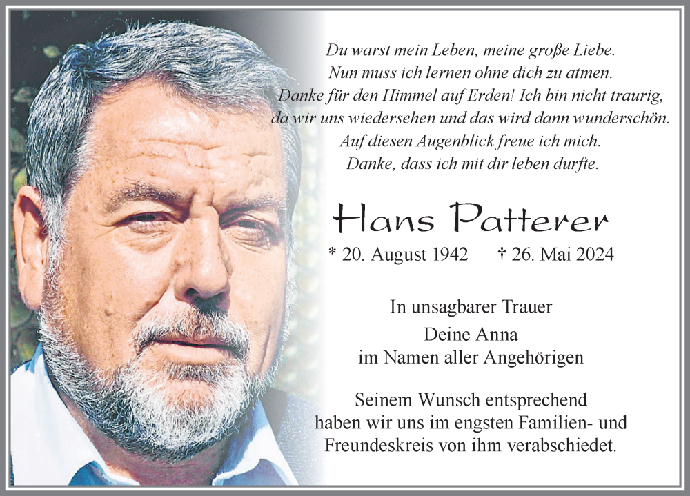 Traueranzeige von Hans Patterer von Allgäuer Zeitung, Füssen