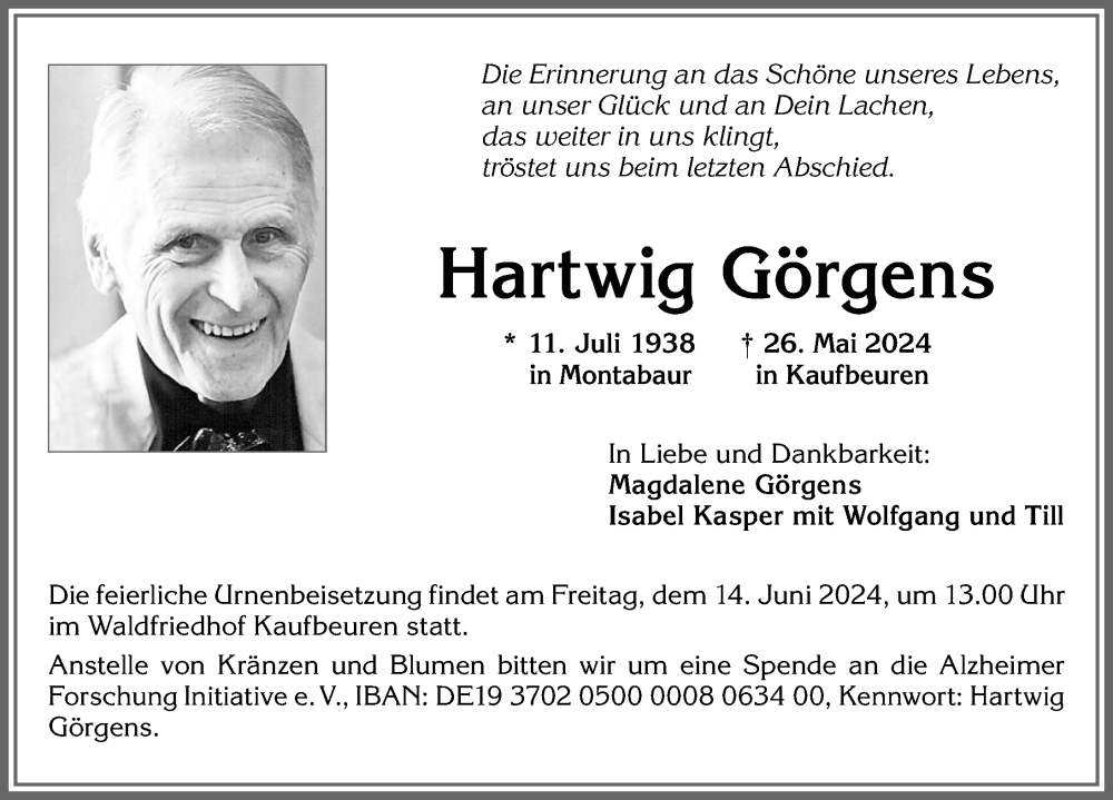 Traueranzeige von Hartwig Görgens von Allgäuer Zeitung, Kaufbeuren/Buchloe