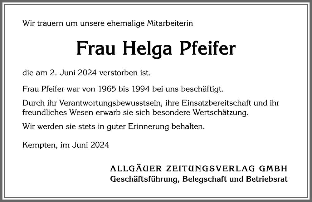 Traueranzeige von Helga Pfeifer von Allgäuer Zeitung,Kempten