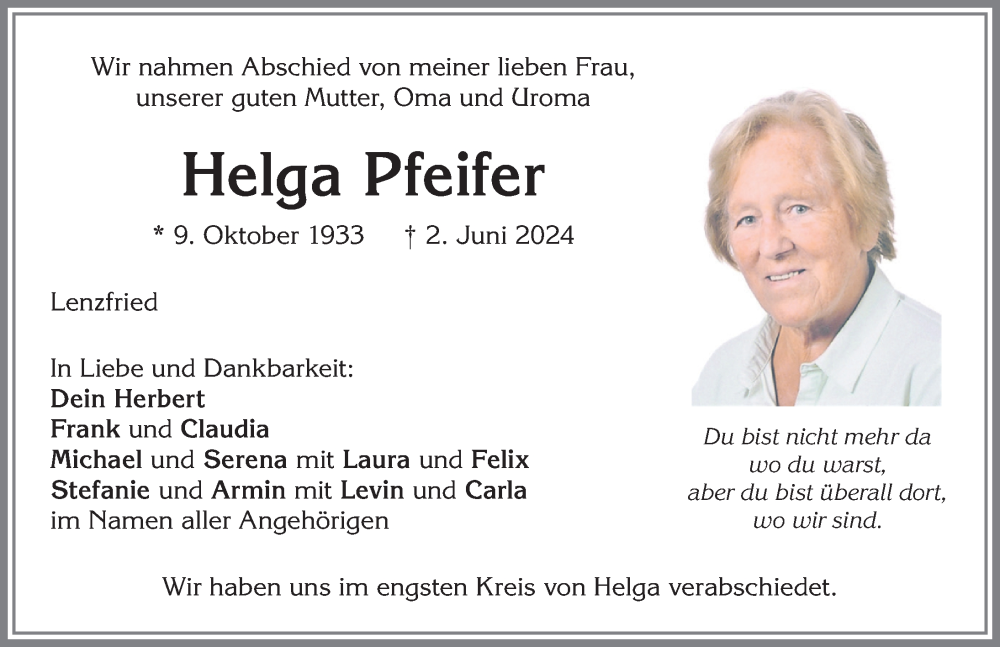 Traueranzeige von Helga Pfeifer von Allgäuer Zeitung,Kempten