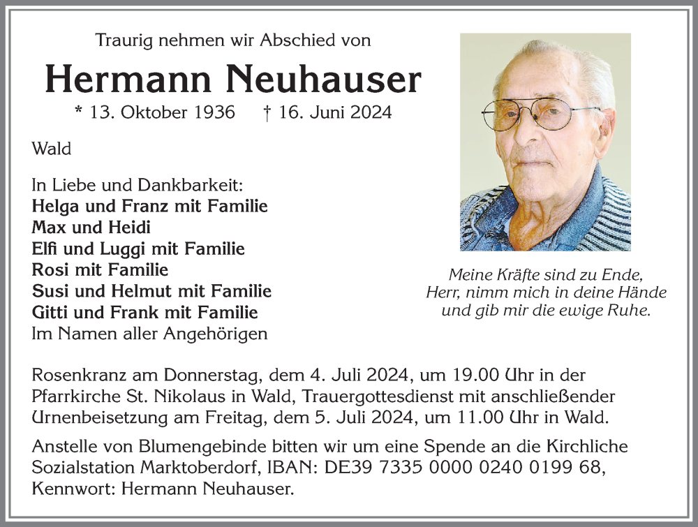 Traueranzeige von Hermann Neuhauser von Allgäuer Zeitung, Marktoberdorf