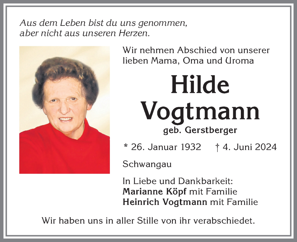 Traueranzeige von Hilde Vogtmann von Allgäuer Zeitung, Füssen