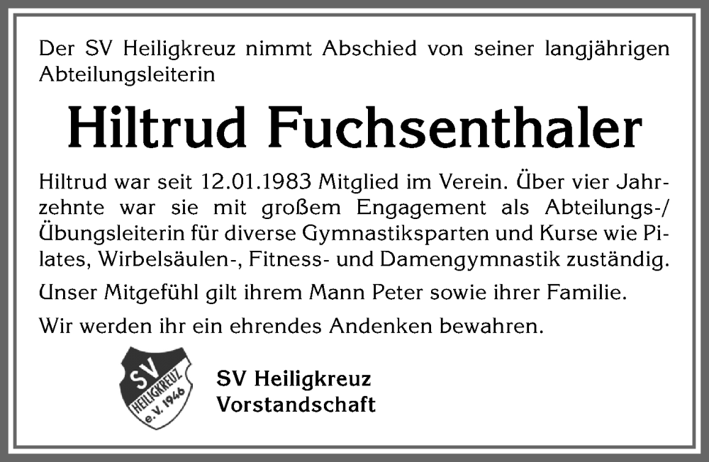 Traueranzeige von Hiltrud Fuchsenthaler von Allgäuer Zeitung,Kempten