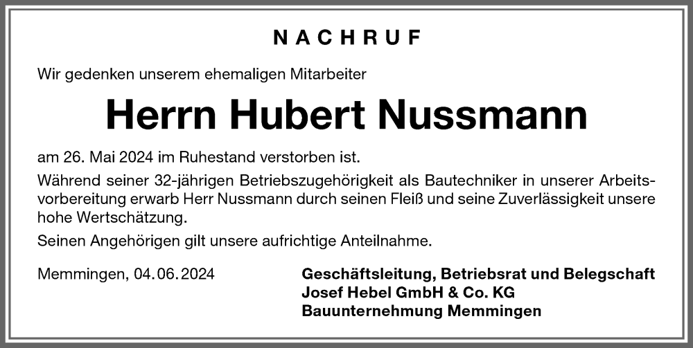 Traueranzeige von Hubert Nussmann von Memminger Zeitung