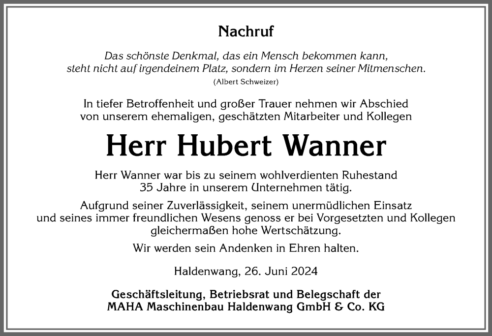 Traueranzeige von Hubert Wanner von Allgäuer Zeitung,Kempten