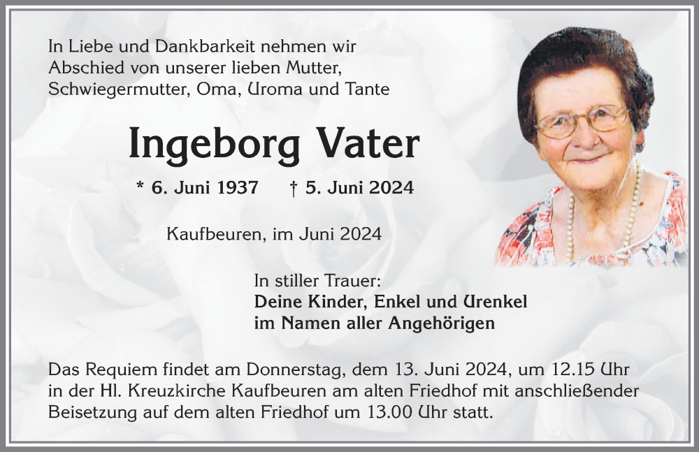 Traueranzeige von Ingeborg Vater von Allgäuer Zeitung, Kaufbeuren/Buchloe