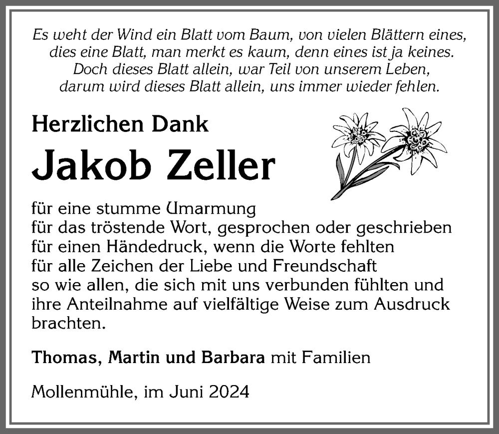 Traueranzeige von Jakob Zeller von Allgäuer Anzeigeblatt