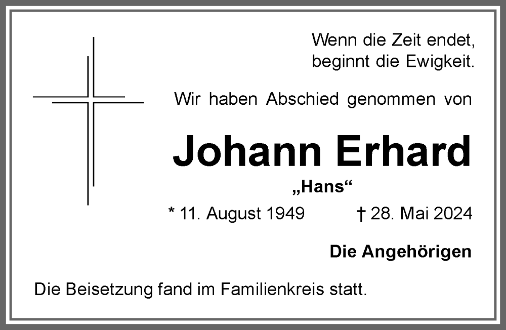 Traueranzeige von Johann Erhard von Memminger Zeitung