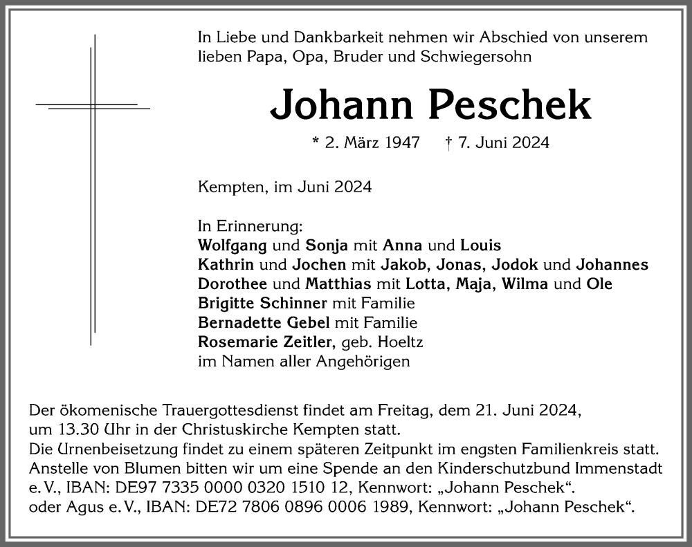 Traueranzeige von Johann Peschek von Allgäuer Zeitung,Kempten