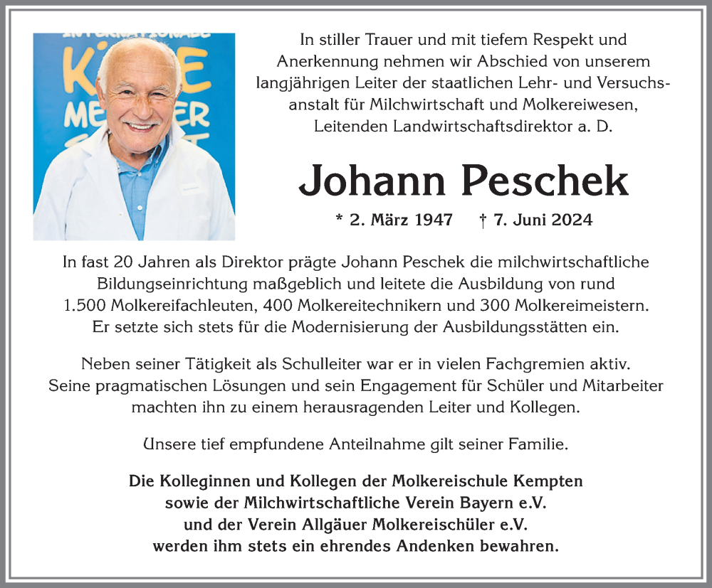 Traueranzeige von Johann Peschek von Allgäuer Zeitung,Kempten