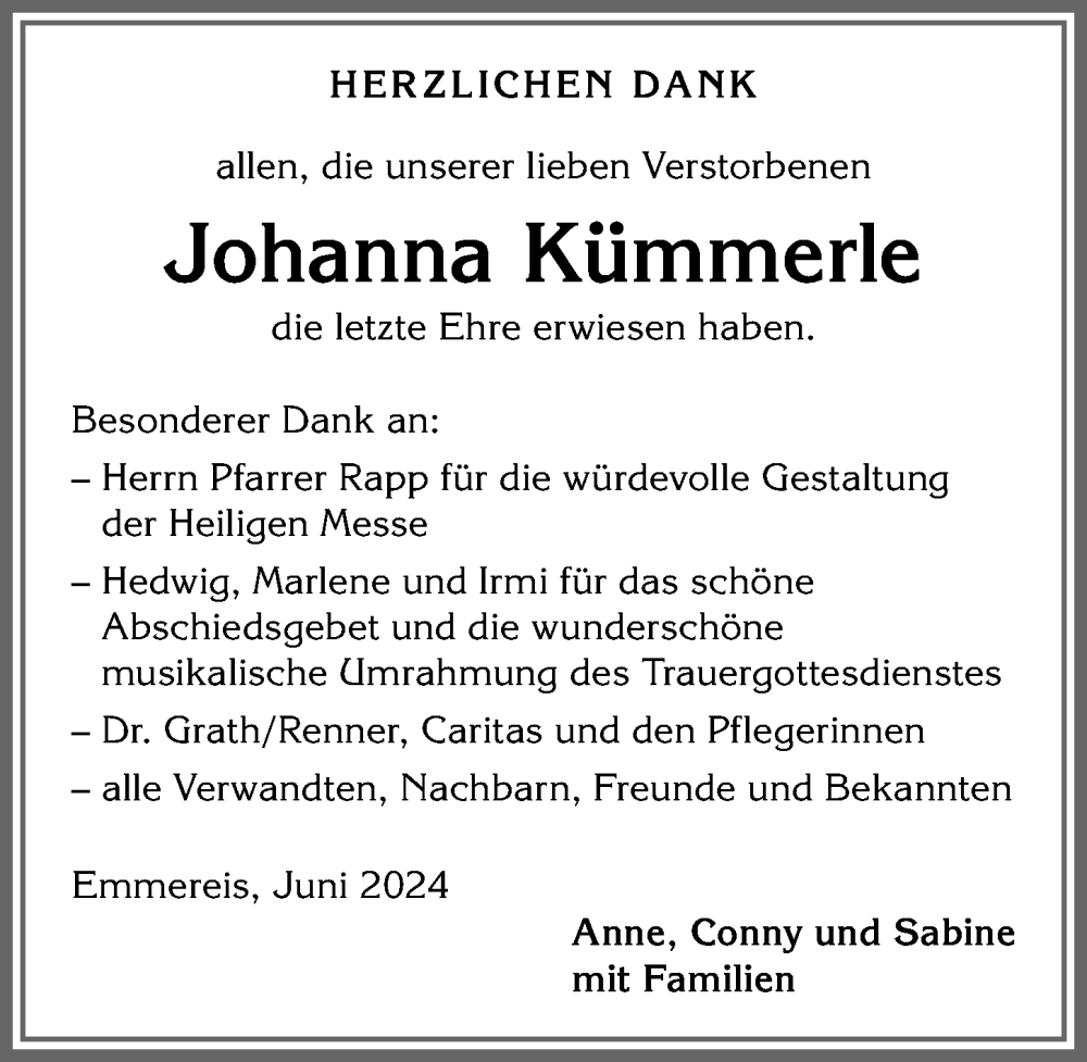 Traueranzeige von Johanna Kümmerle von Allgäuer Anzeigeblatt