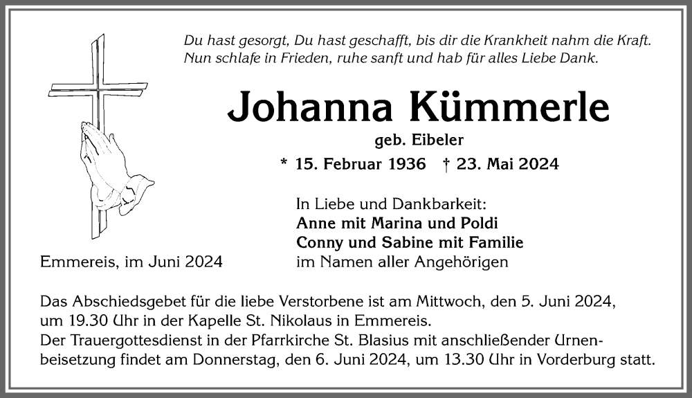 Traueranzeige von Johanna Kümmerle von Allgäuer Anzeigeblatt