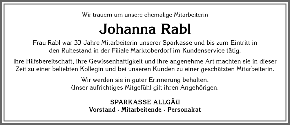 Traueranzeige von Johanna Rabl von Allgäuer Zeitung, Marktoberdorf