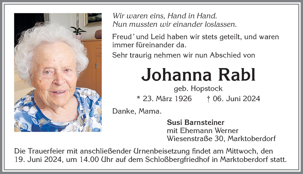 Traueranzeige von Johanna Rabl von Allgäuer Zeitung, Marktoberdorf