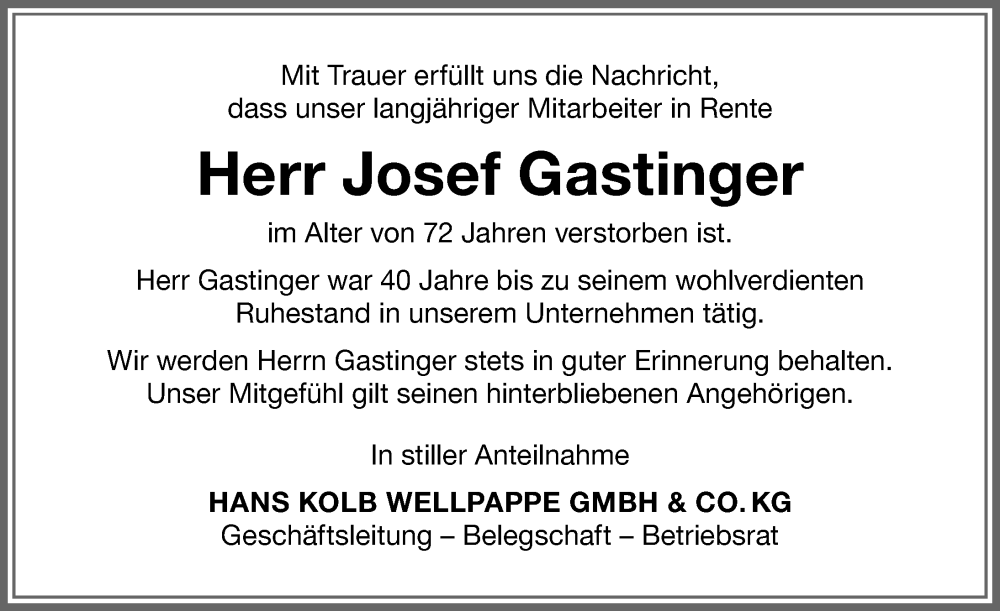 Traueranzeige von Josef Gastinger von Memminger Zeitung