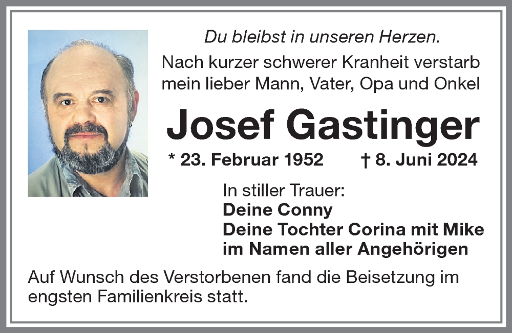 Traueranzeige von Josef Gastinger von Memminger Zeitung