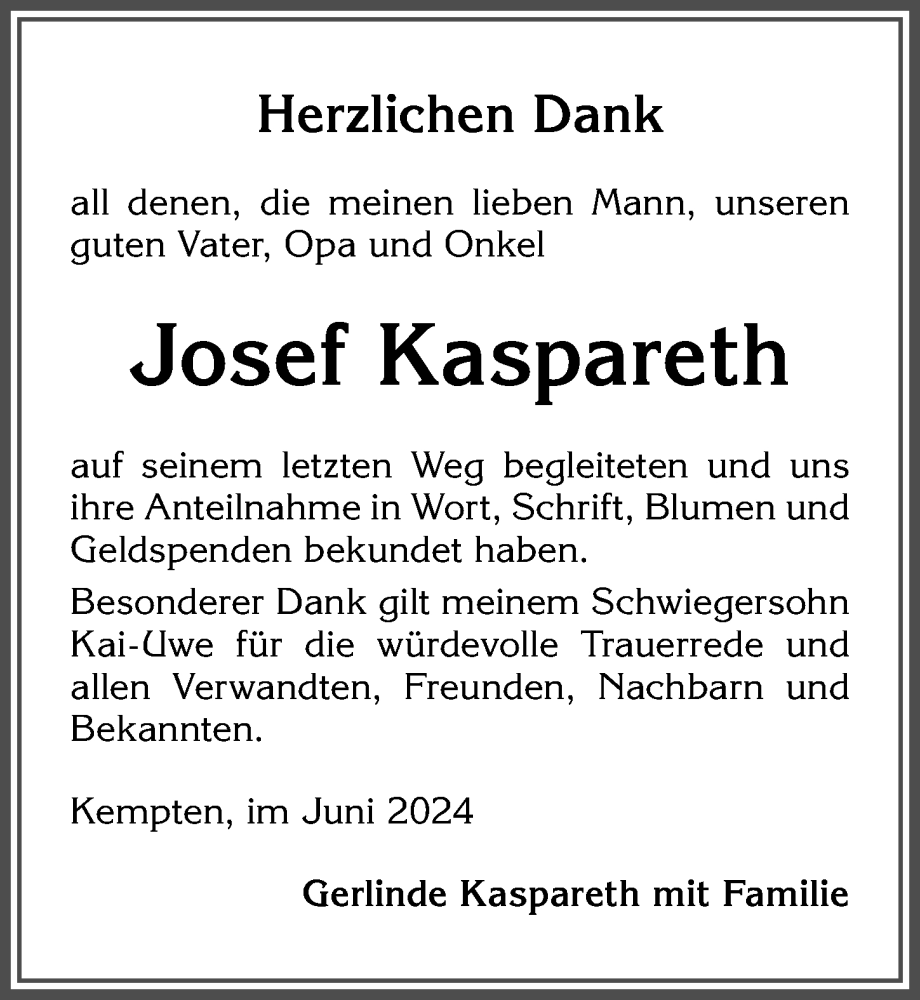 Traueranzeige von Josef Kaspareth von Allgäuer Zeitung,Kempten