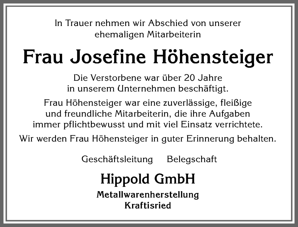 Traueranzeige von Josefine Höhensteiger von Allgäuer Zeitung, Marktoberdorf