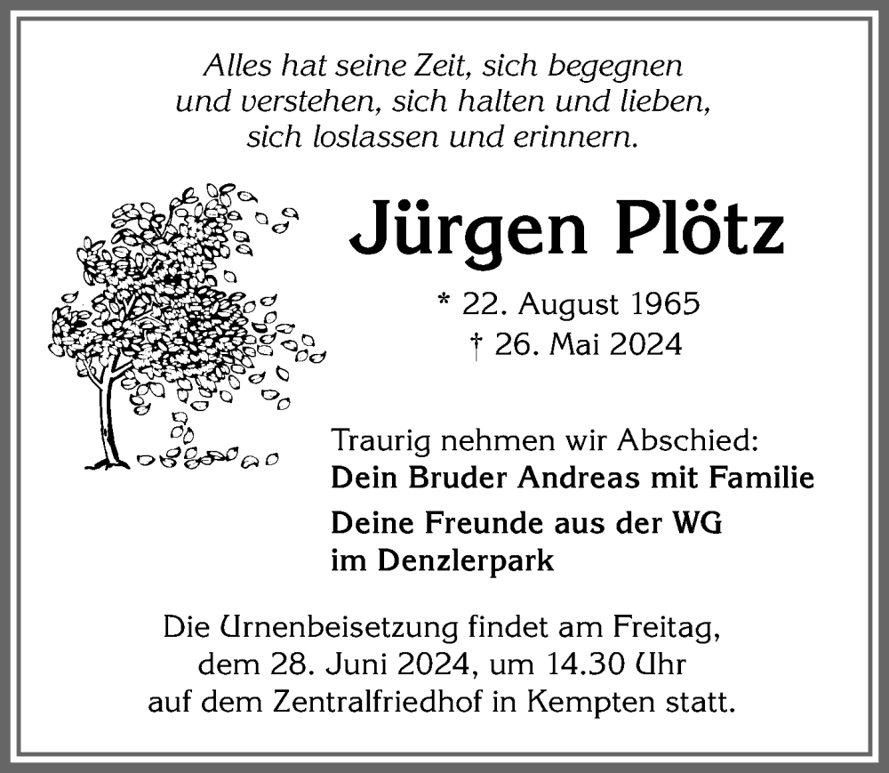 Traueranzeige von Jürgen Plötz von Allgäuer Anzeigeblatt