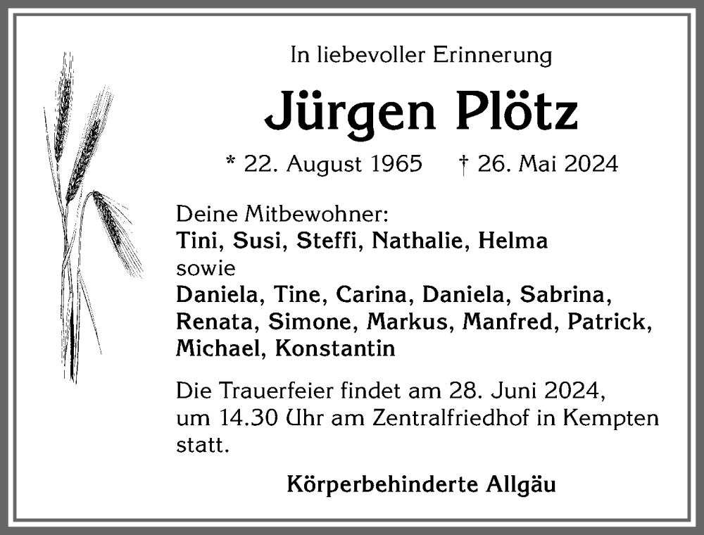 Traueranzeige von Jürgen Plötz von Allgäuer Zeitung,Kempten