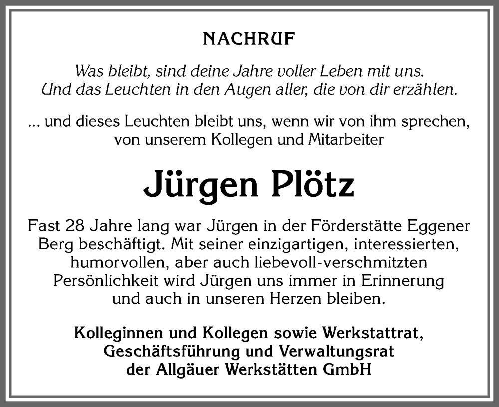 Traueranzeige von Jürgen Plötz von Allgäuer Zeitung,Kempten