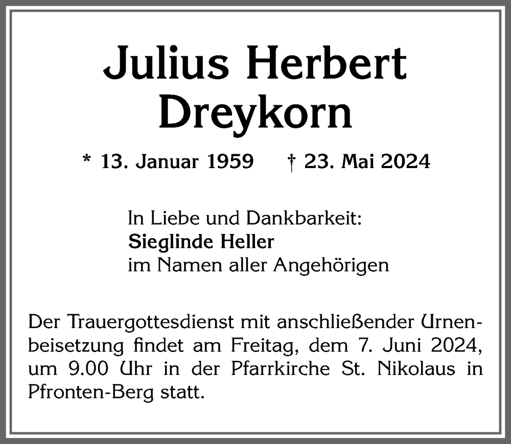 Traueranzeige von Julius Herbert Dreykorn von Allgäuer Zeitung,Kempten