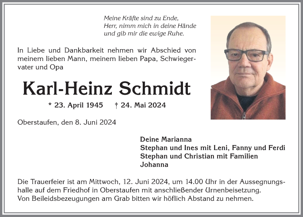 Traueranzeige von Karl-Heinz Schmidt von Allgäuer Anzeigeblatt