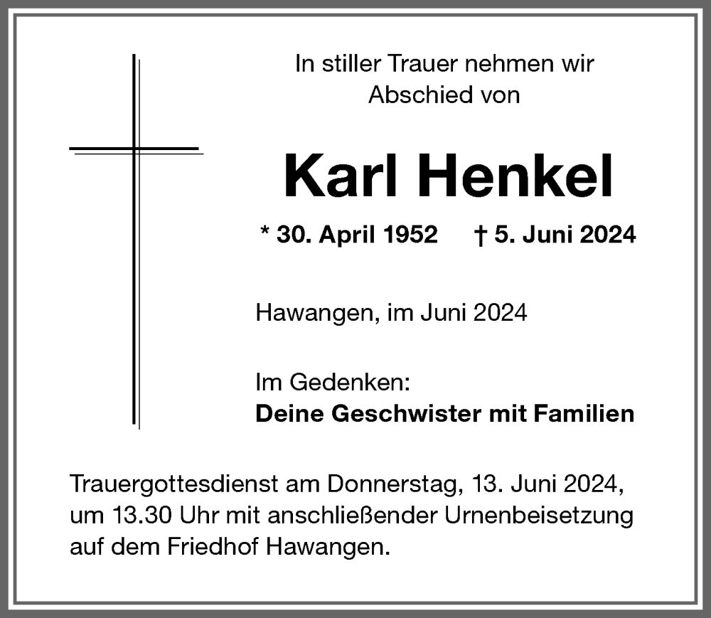 Traueranzeige von Karl Henkel von Memminger Zeitung