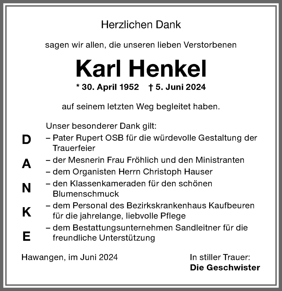 Traueranzeige von Karl Henkel von Memminger Zeitung