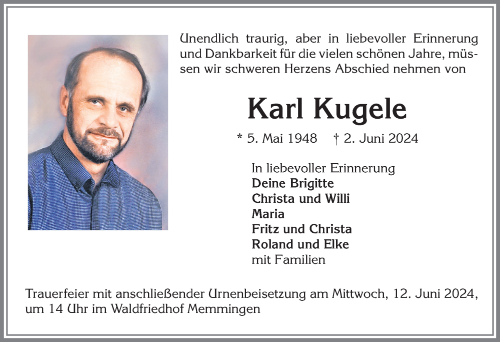 Traueranzeige von Karl Kugele von Memminger Zeitung